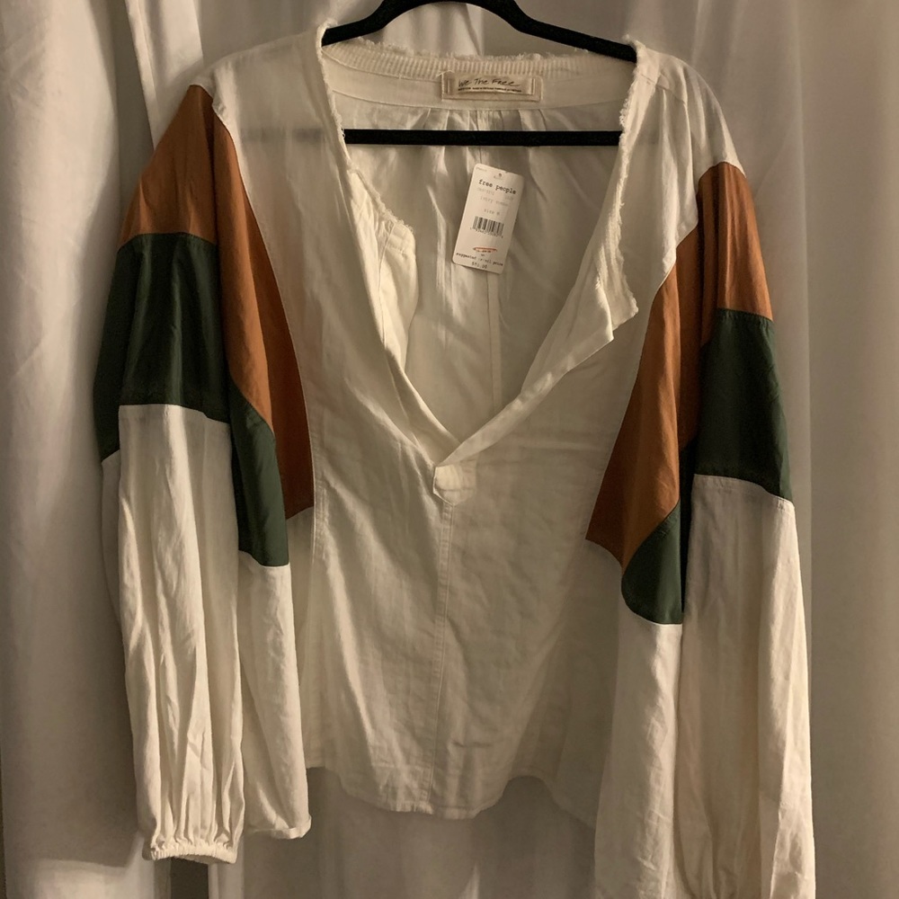 Free People White, Brown and Green Batwing Shirt